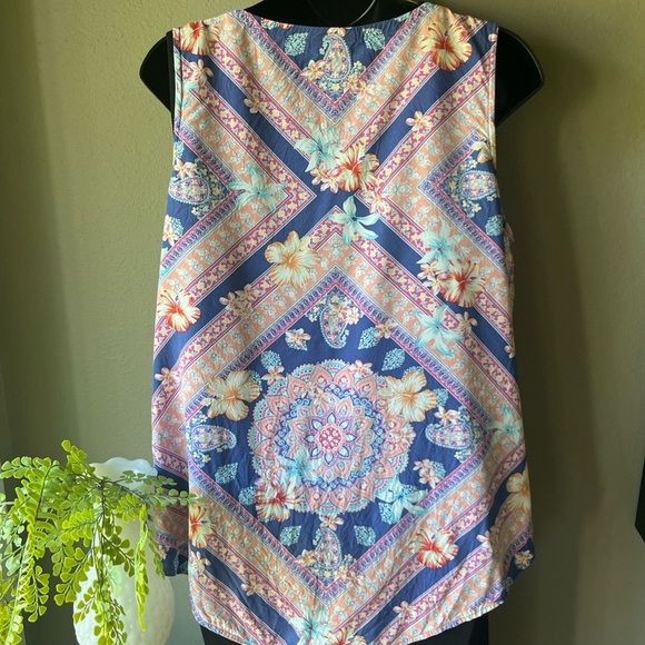 pure Jill Hibiscus Floral SCARF PRINT TANK Lace-Up Neck Lightweight Rayon Top M - Picture 8 of 11